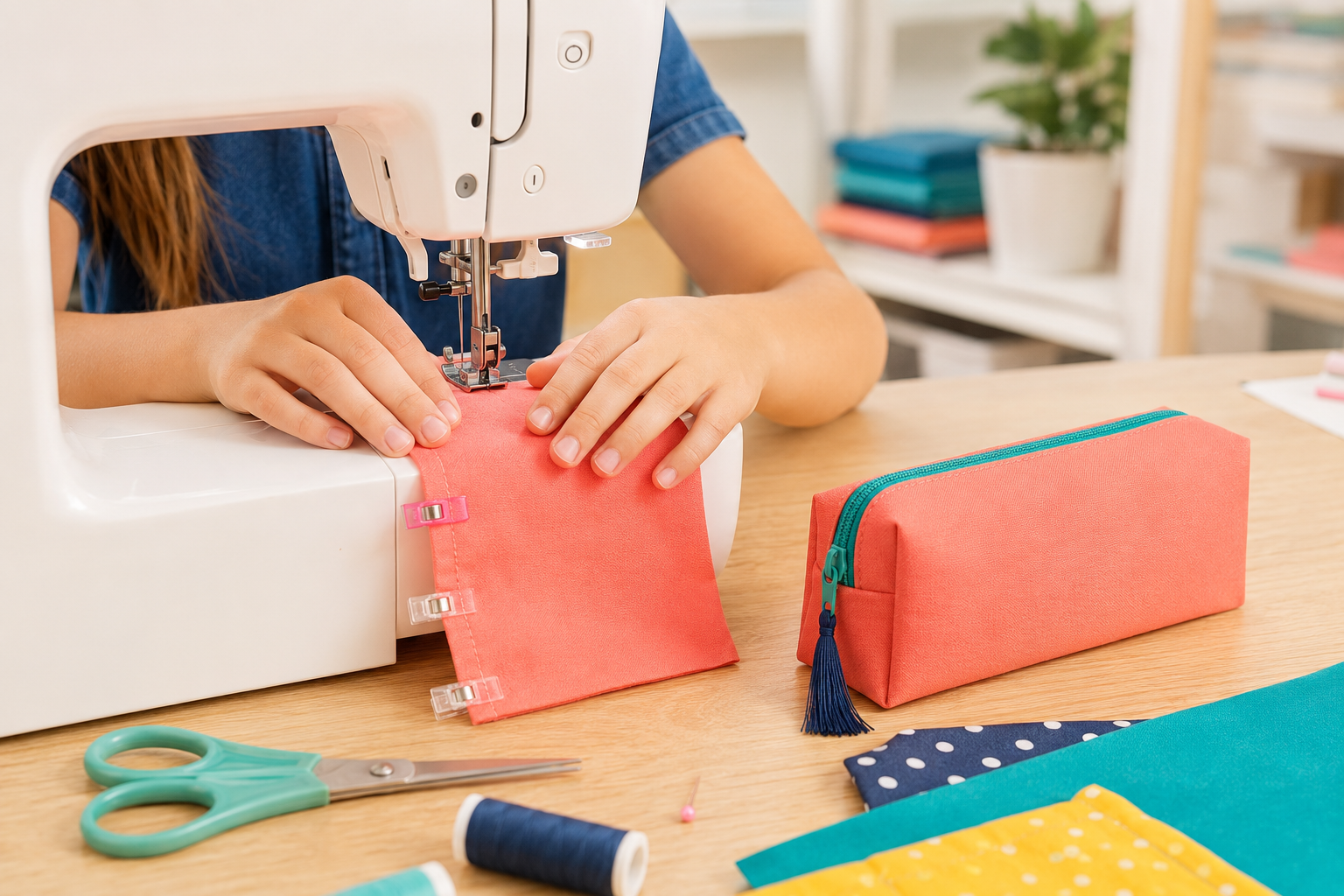 Coral pencil case being sewn